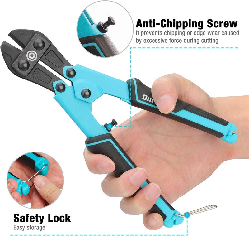 DURATECH 8-inch Mini Bolt Cutter with Bi-Material Ergonomic Handle Grip, Security Lock, Chrome Vanadium Steel Blade for Wire, Cables, Chains, Small Screws - Image 3